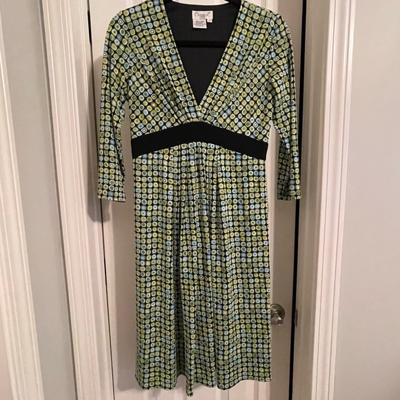 *DONATED* Maggy L | V-Neck Dress | Green Black Blue Sq Print - Picture 1 of 7